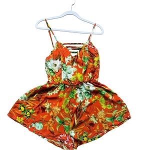 Yurari Tropical Floral Orange Women's Romper Size L Beach Resortwear Summer